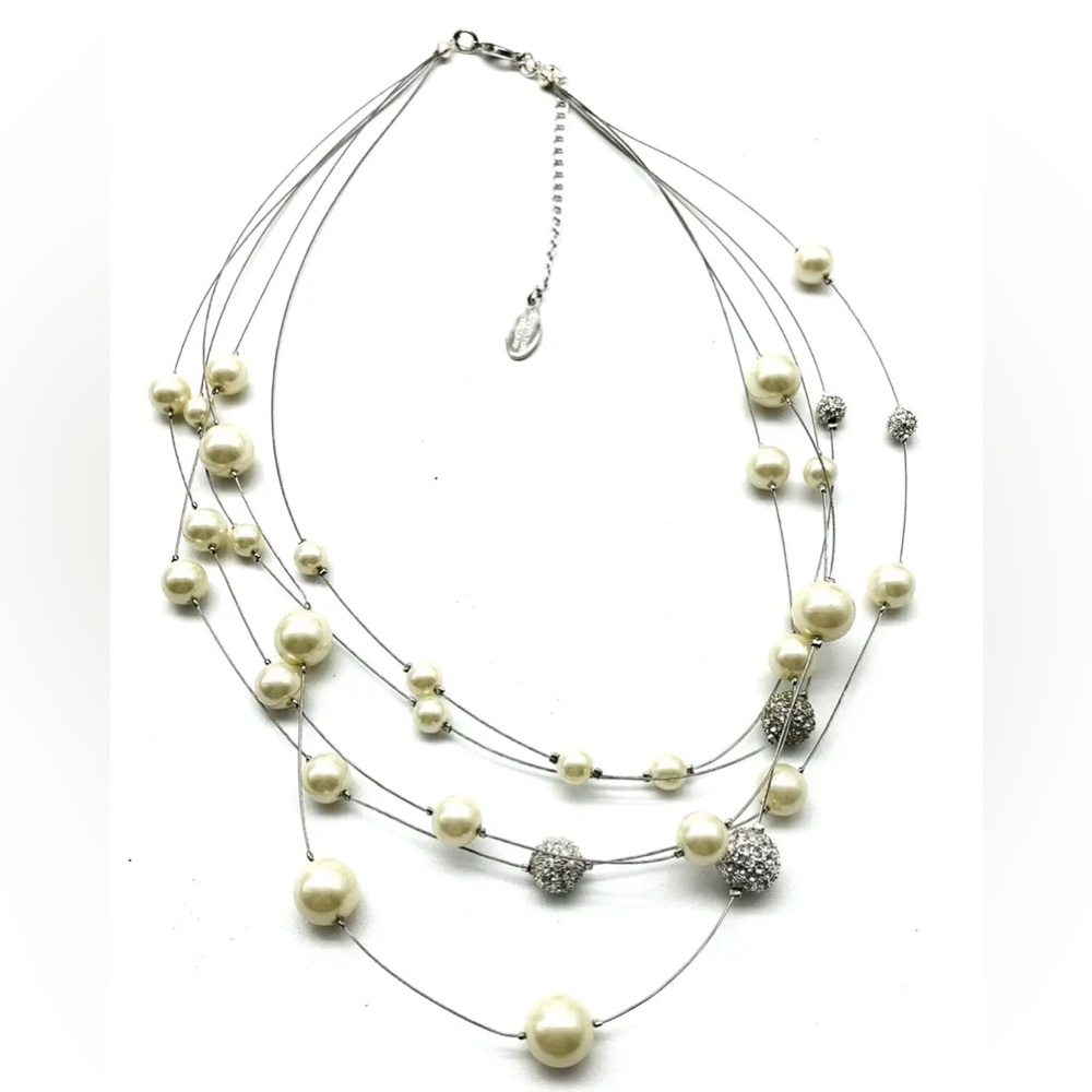 Ann Taylor Factory Five Strand Station Necklace Faux Pearls Rhinestone Balls
